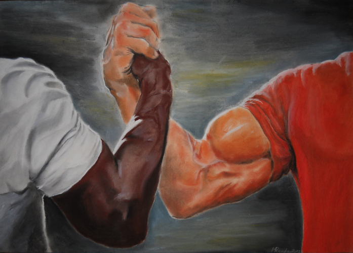 Epic handshake meme: two strong arms clasping hands together