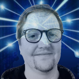 Adam's headshot, wearing glasses, superimposed on the 'galaxy brain' meme, with bright shining lights coming out of his brain